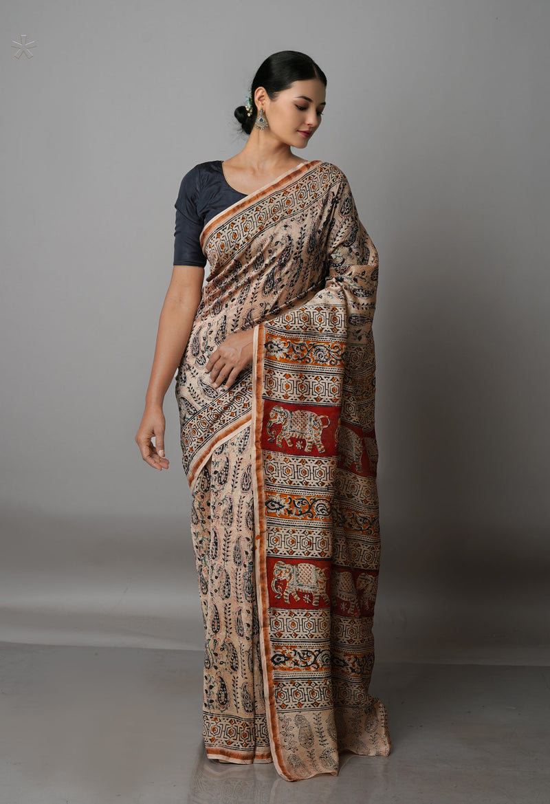 Cream Pure Chanderi Kalamkari Printed Sico Saree-UNM68611