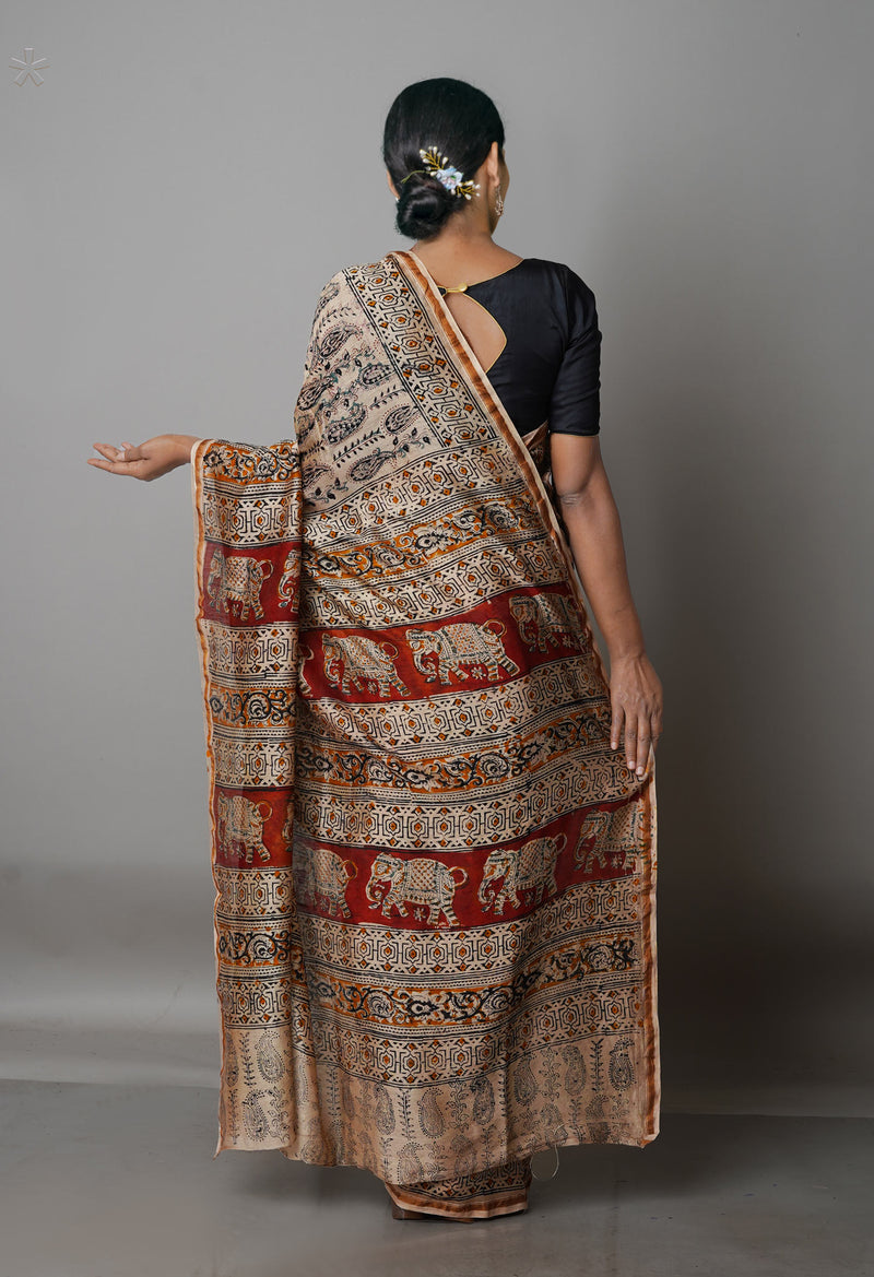 Cream Pure Chanderi Kalamkari Printed Sico Saree-UNM68611