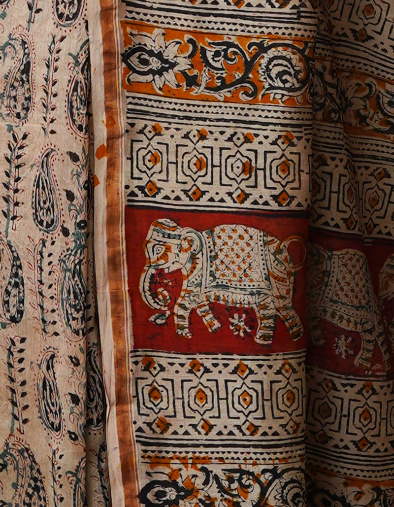 Cream Pure Chanderi Kalamkari Printed Sico Saree-UNM68611