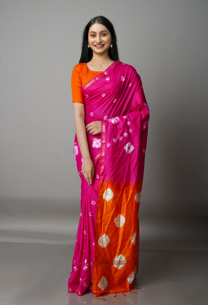 Pink-Orange  Shibori Chanderi Sico Saree-UNM68621