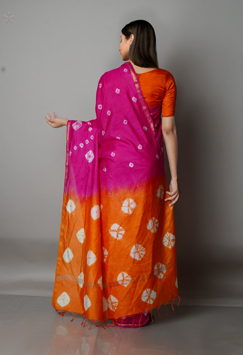 Pink-Orange  Shibori Chanderi Sico Saree-UNM68621