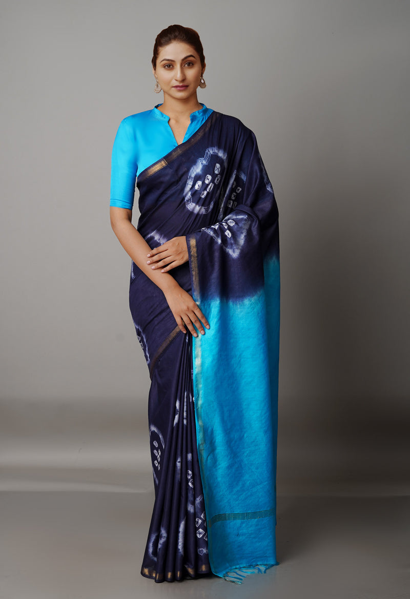 Navy Blue-Blue  Shibori Chanderi Sico Saree-UNM68630