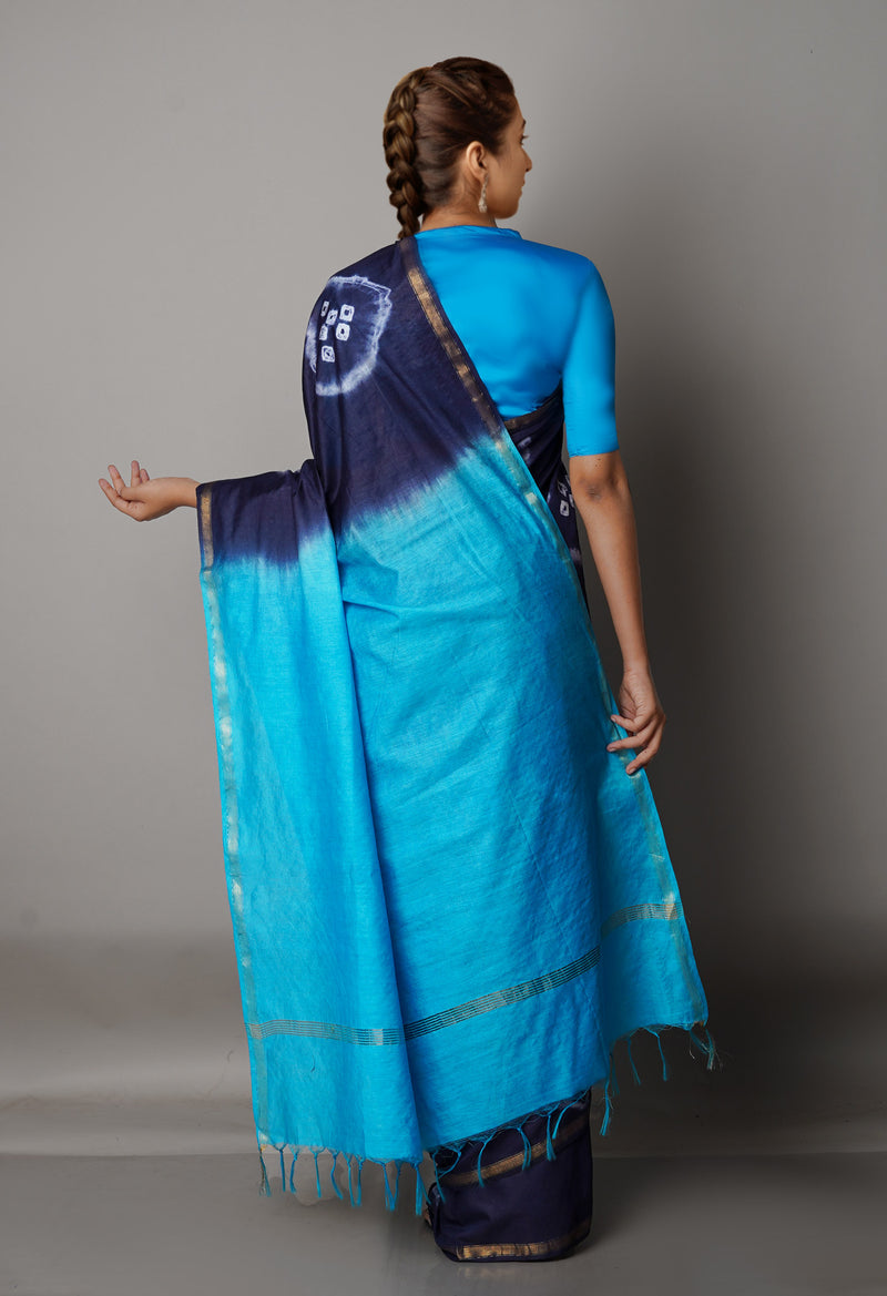 Navy Blue-Blue  Shibori Chanderi Sico Saree-UNM68630