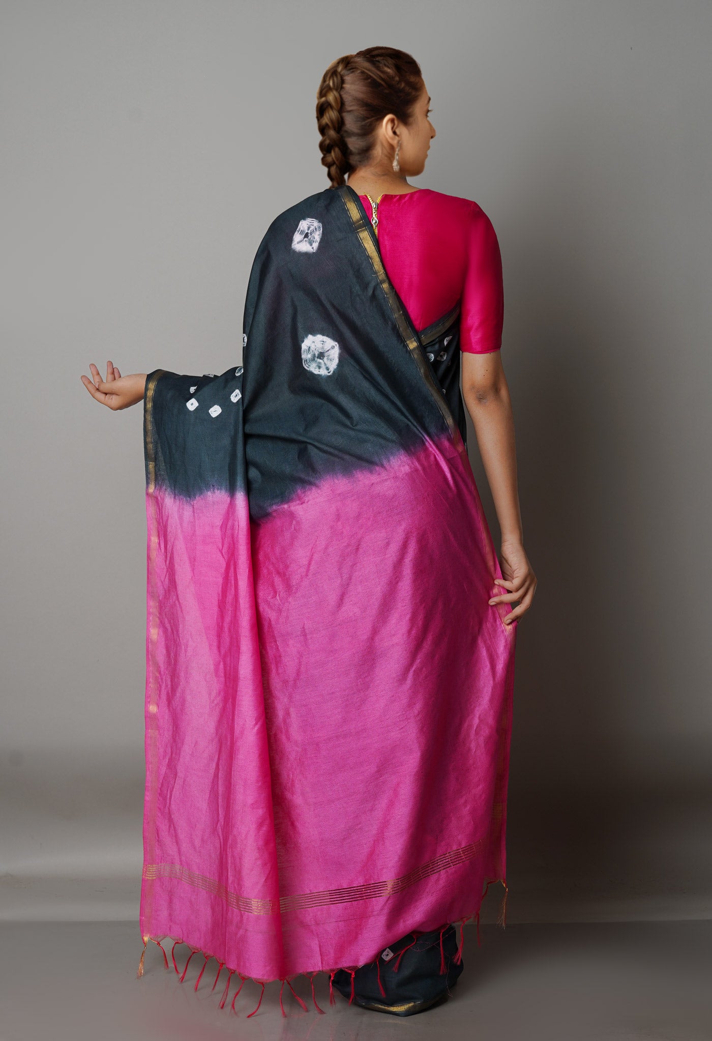 Grey-Pink  Shibori Chanderi Sico Saree-UNM68633