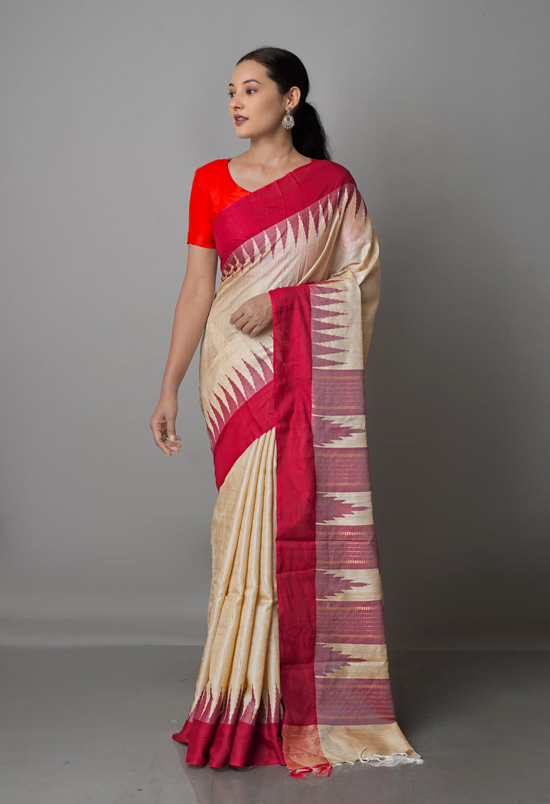 Pale Brown Pure Handloom Ghicha Tussar Silk Saree-UNM68656