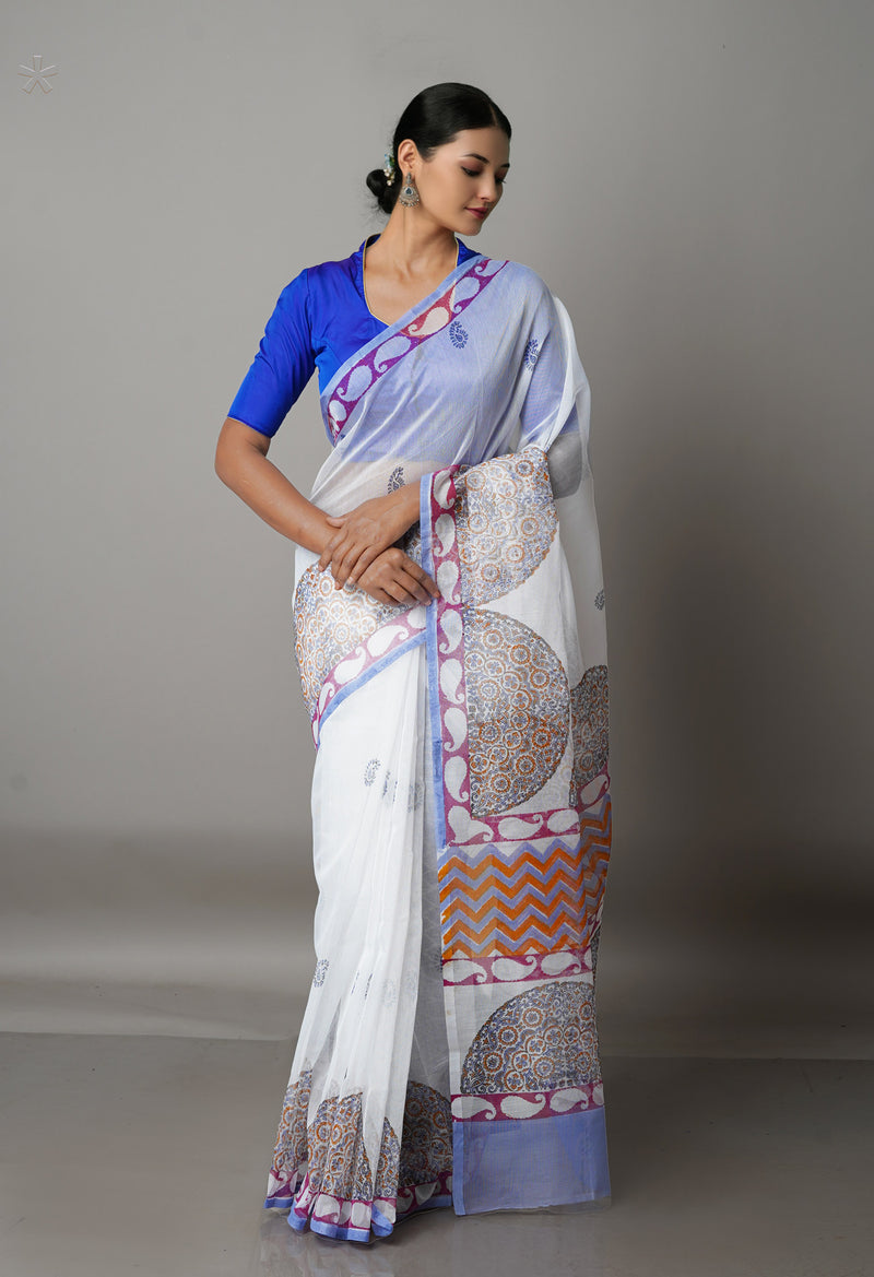 White Block Printed Meghalaya Checks Cotton Silk Saree With Pochampally Blouse Piece-UNM68689