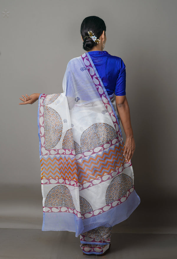 White Block Printed Meghalaya Checks Cotton Silk Saree With Pochampally Blouse Piece-UNM68689
