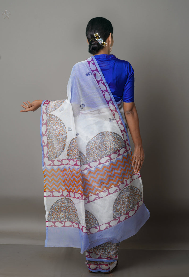 White Block Printed Meghalaya Checks Cotton Silk Saree With Pochampally Blouse Piece-UNM68689