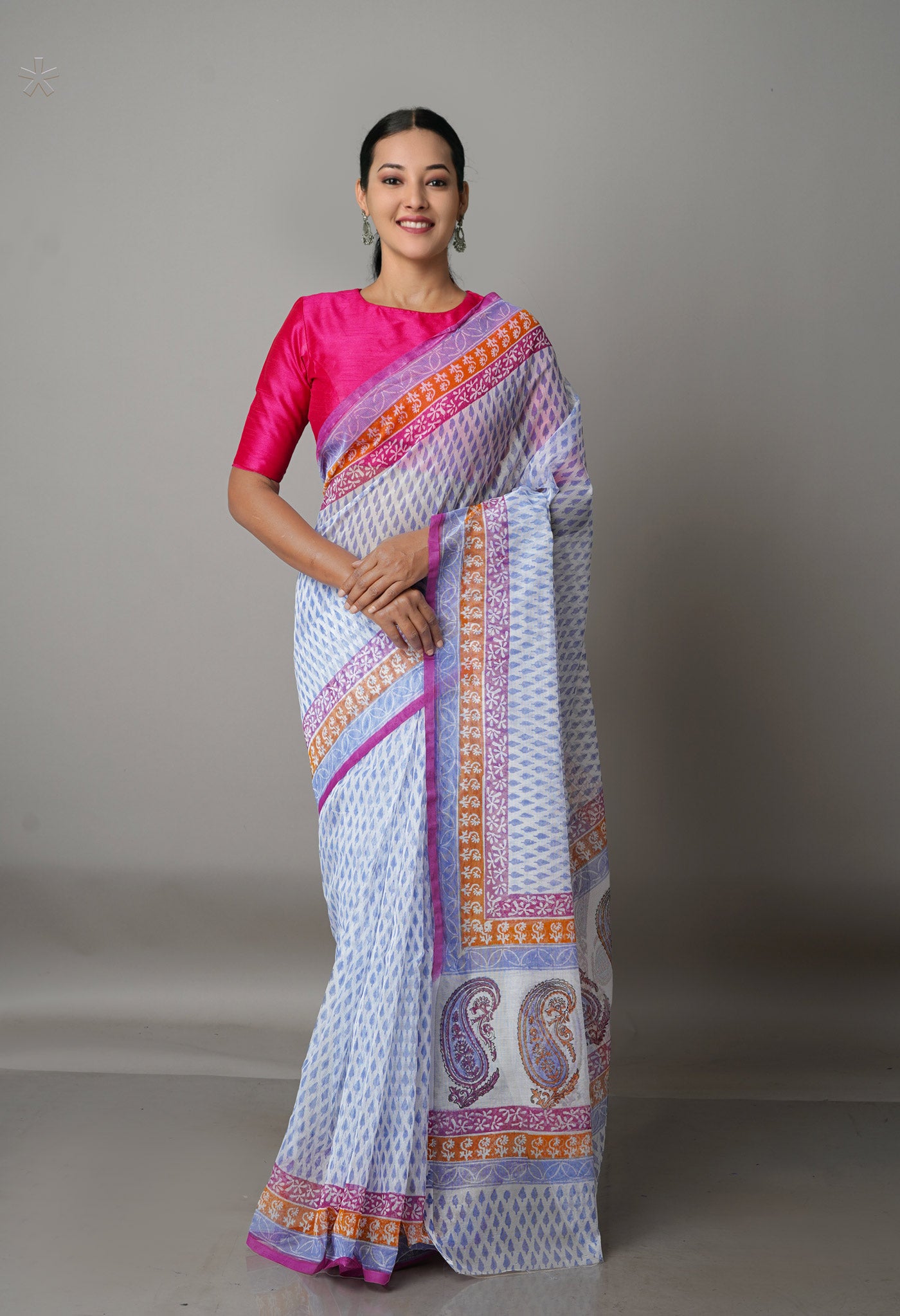 White  Banarasi Block Printed Meghalaya Checks Cotton Silk Saree With Pochampally Blouse Piece-UNM68691