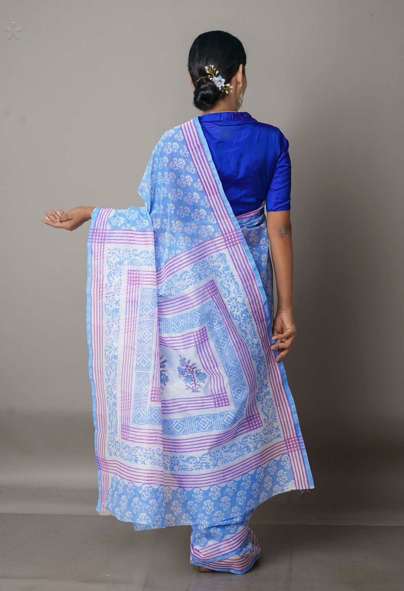 Blue  Banarasi Block Printed Meghalaya Checks Cotton Silk Saree-UNM68692