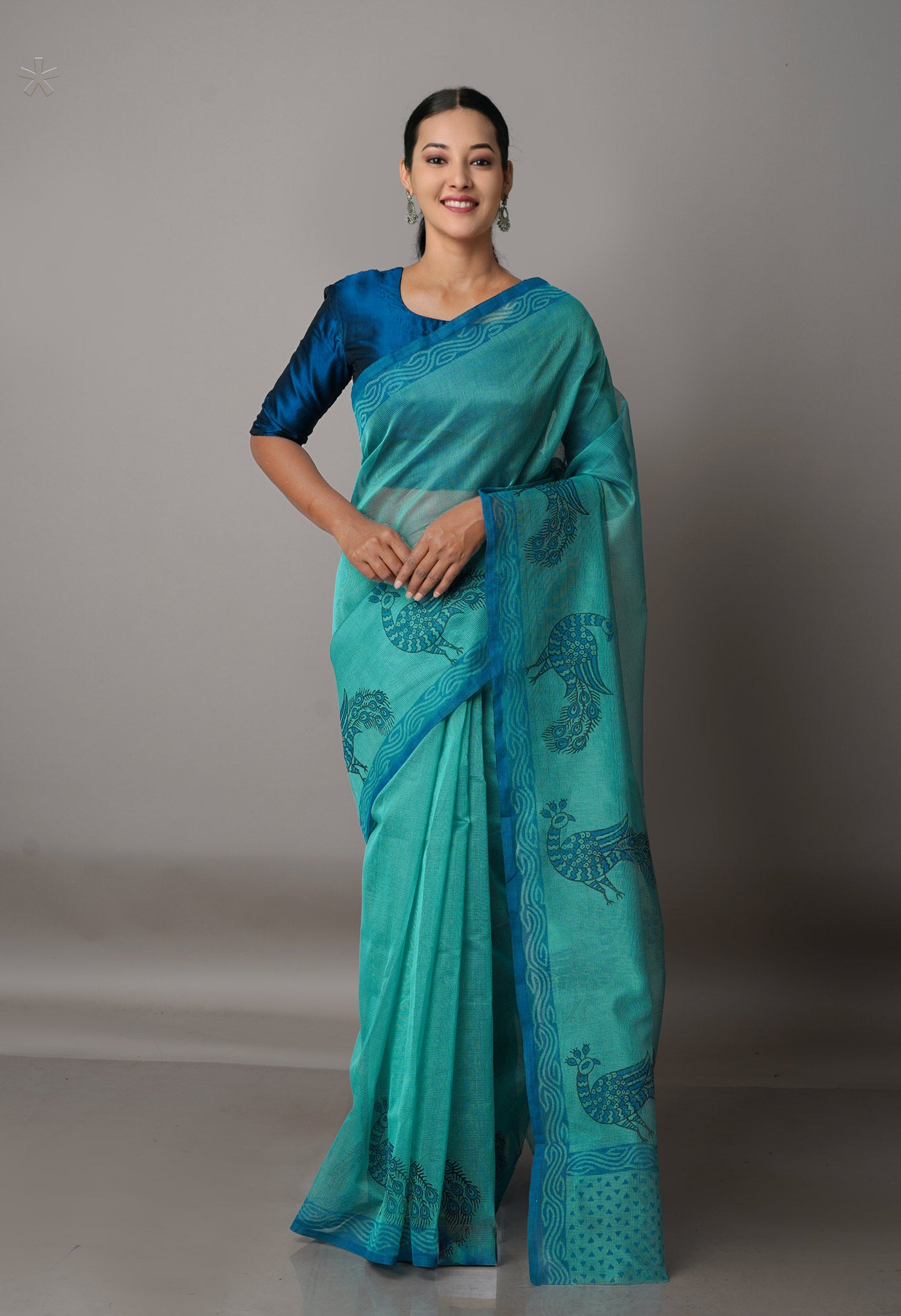Green  Banarasi Block Printed Meghalaya Checks Cotton Silk Saree-UNM68693
