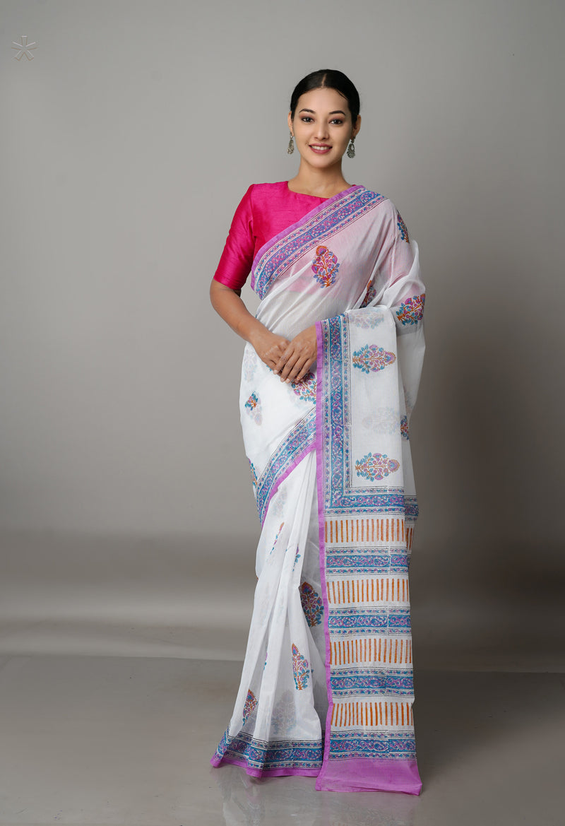 White Block Printed Meghalaya Checks Cotton Silk Saree-UNM68695