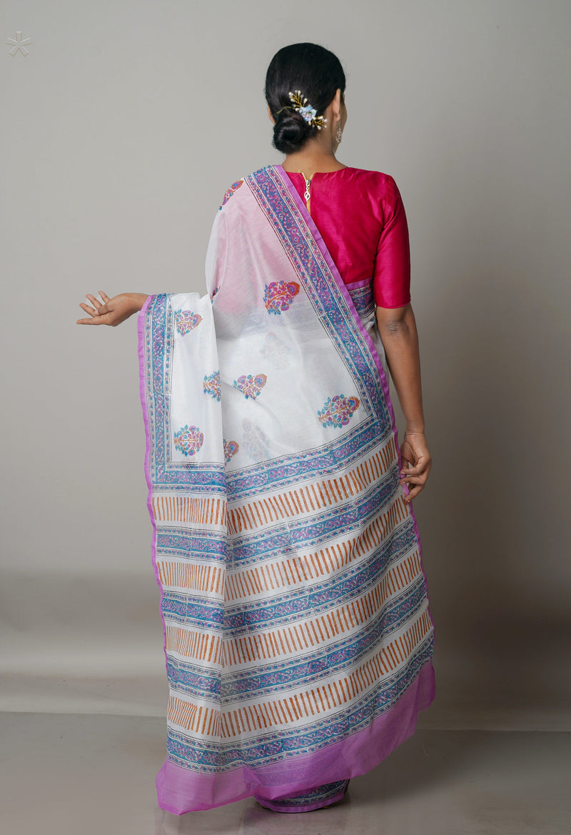 White Block Printed Meghalaya Checks Cotton Silk Saree-UNM68695