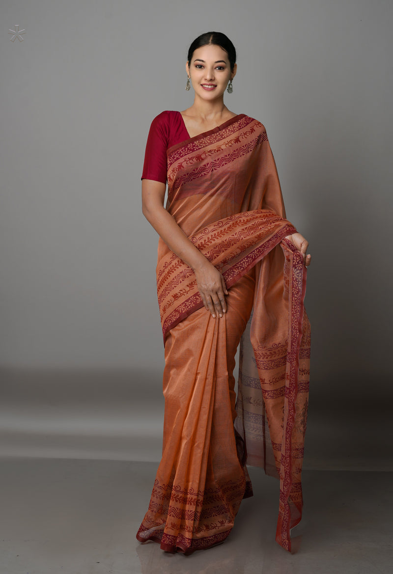 Orange  Banarasi Block Printed Meghalaya Checks Cotton Silk Saree-UNM68697