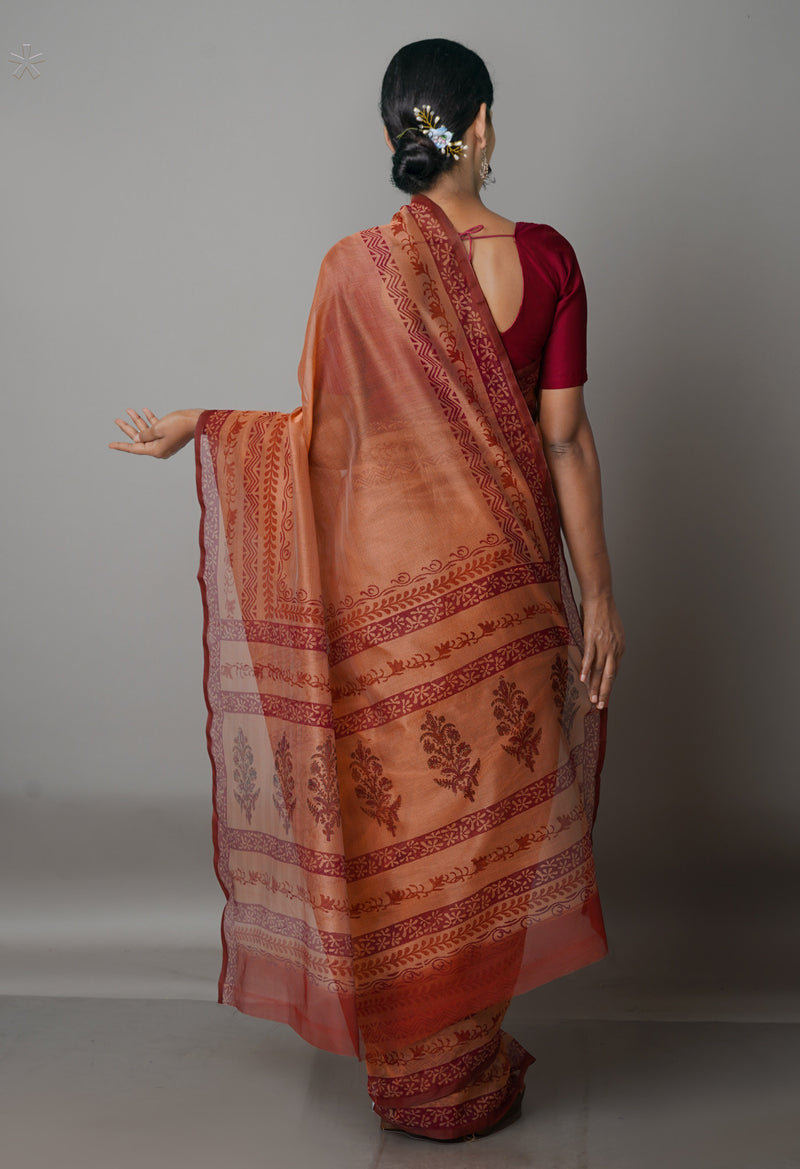 Orange  Banarasi Block Printed Meghalaya Checks Cotton Silk Saree-UNM68697