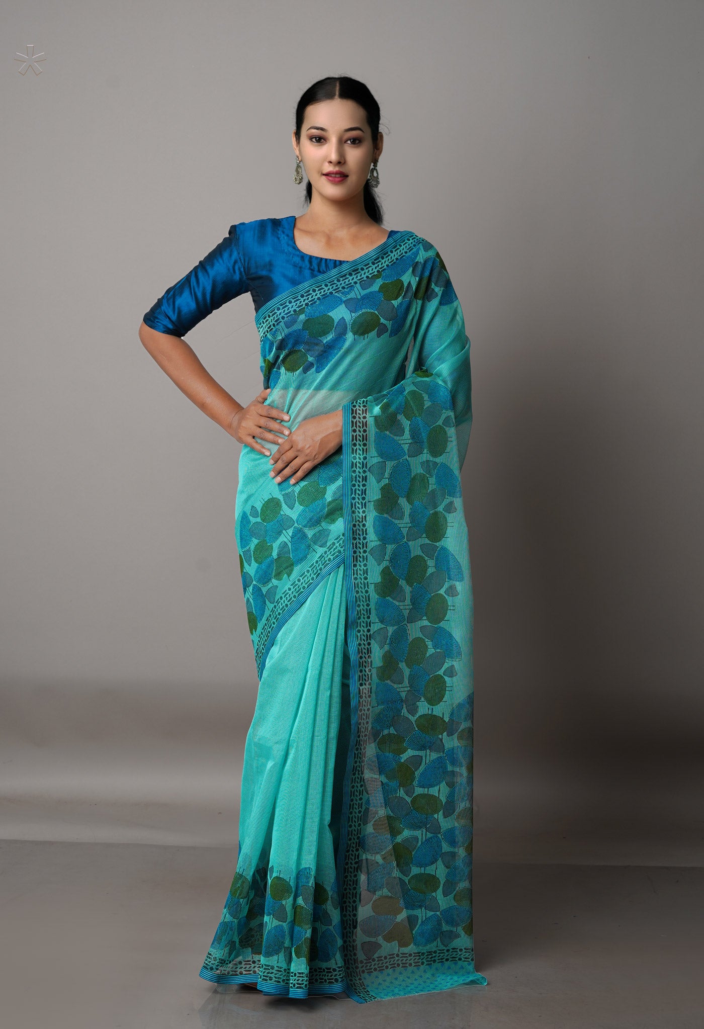 Green  Banarasi Block Printed Meghalaya Checks Cotton Silk Saree-UNM68699