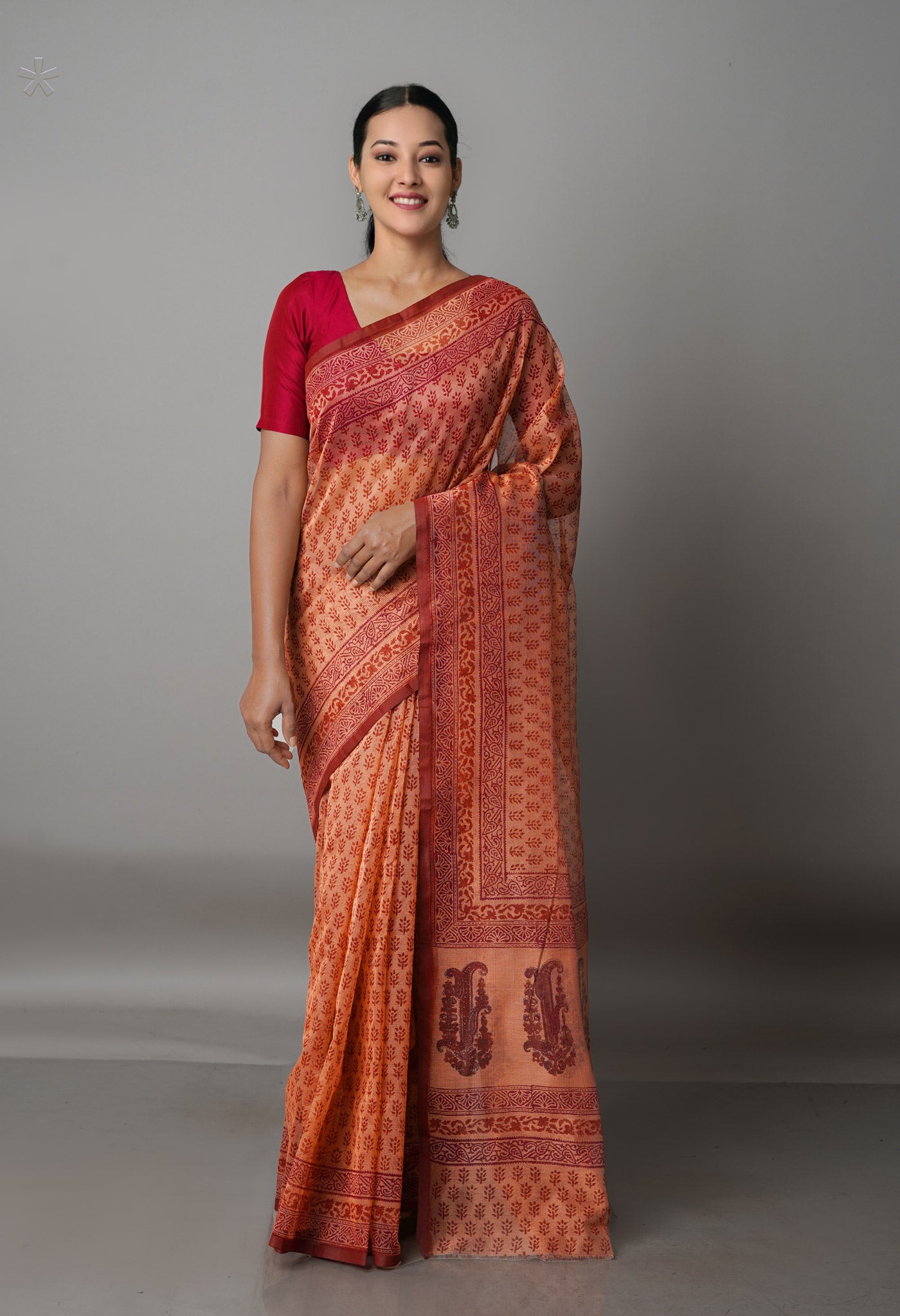 Orange  Banarasi Block Printed Meghalaya Checks Cotton Silk Saree-UNM68700