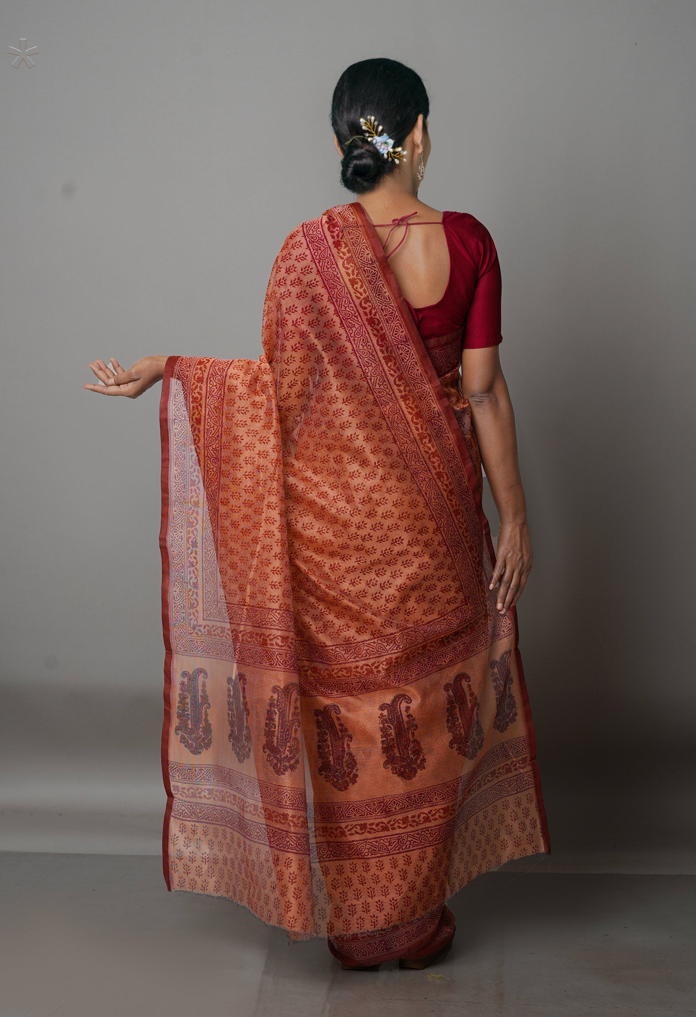 Orange  Banarasi Block Printed Meghalaya Checks Cotton Silk Saree-UNM68700