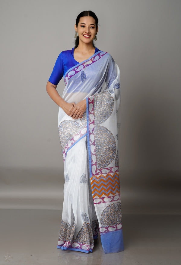 White Block Printed Meghalaya Checks Cotton Silk Saree With Pochampally Blouse Piece-UNM68706