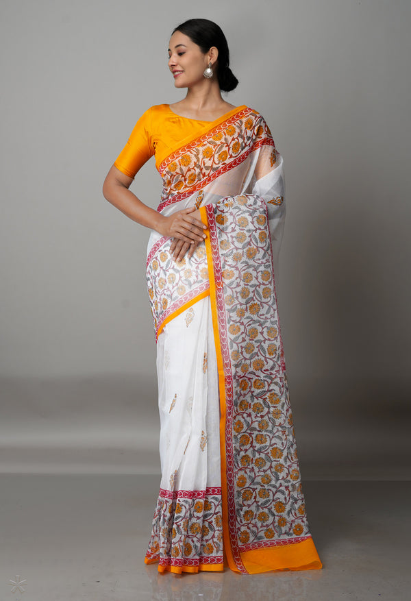 White Block Printed Meghalaya Checks Cotton Silk Saree With Pochampally Blouse Piece-UNM68707
