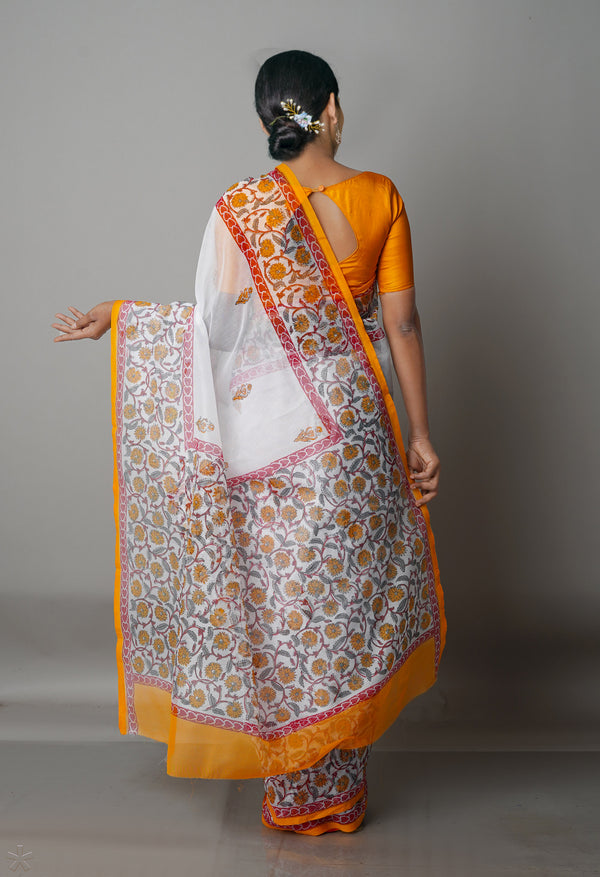 White Block Printed Meghalaya Checks Cotton Silk Saree With Pochampally Blouse Piece-UNM68707