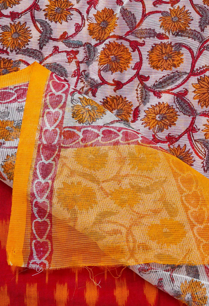 White Block Printed Meghalaya Checks Cotton Silk Saree With Pochampally Blouse Piece-UNM68707