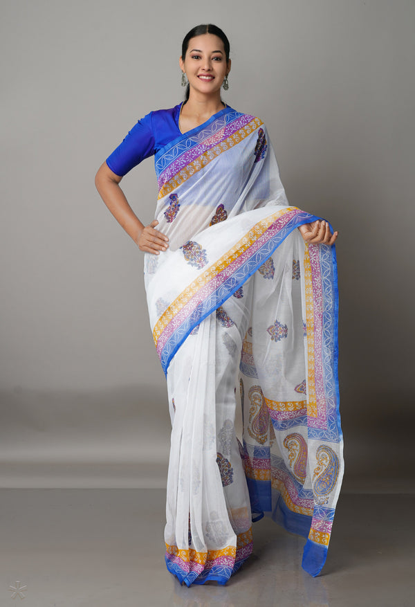 White Block Printed Meghalaya Checks Cotton Silk Saree With Pochampally Blouse Piece-UNM68708