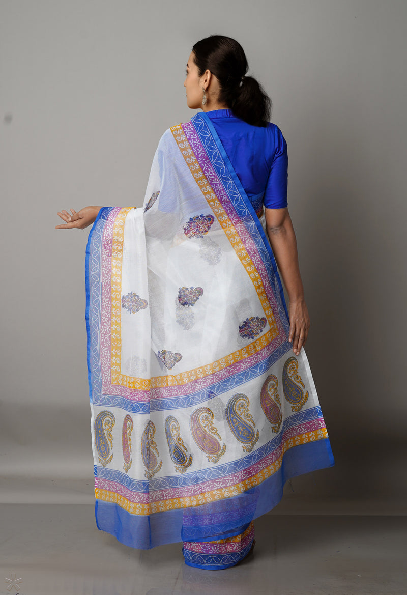 White Block Printed Meghalaya Checks Cotton Silk Saree With Pochampally Blouse Piece-UNM68708
