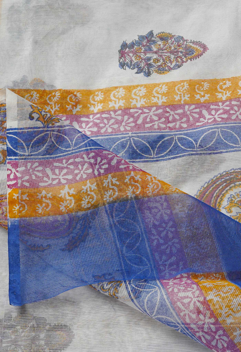 White Block Printed Meghalaya Checks Cotton Silk Saree With Pochampally Blouse Piece-UNM68708