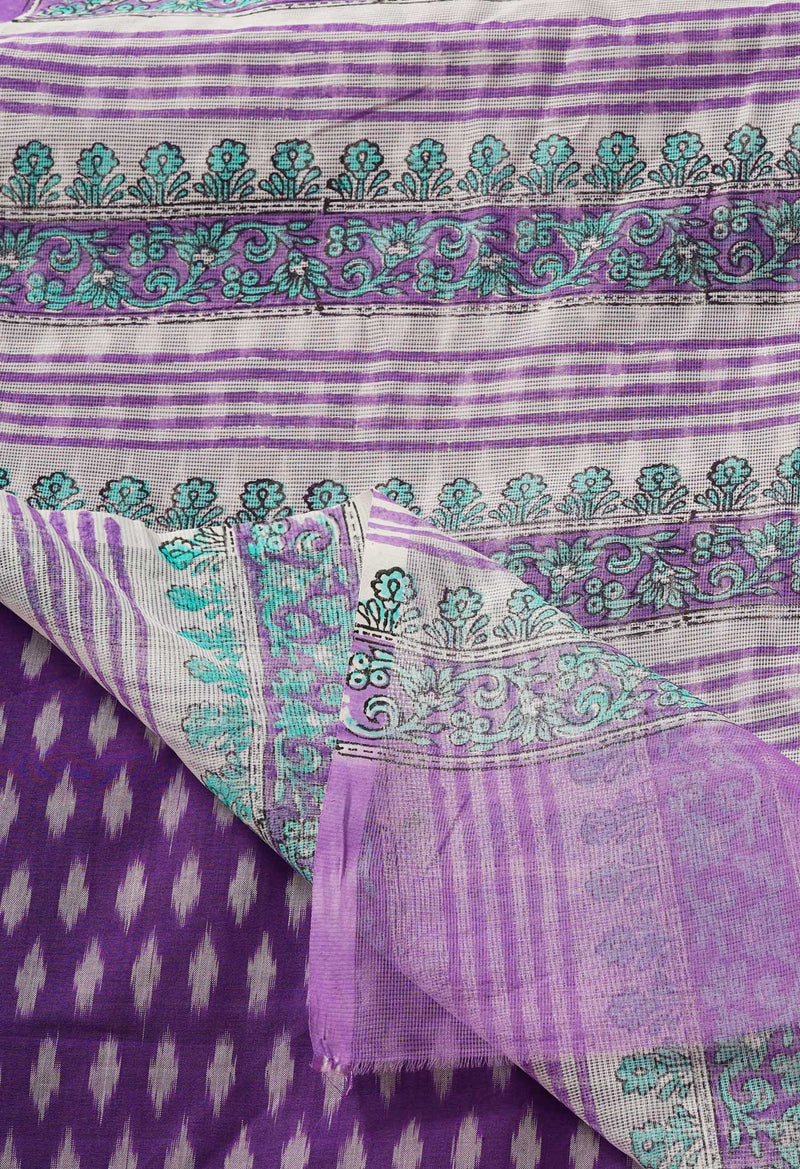White Block Printed Meghalaya Checks Cotton Silk Saree With Pochampally Blouse Piece-UNM68710