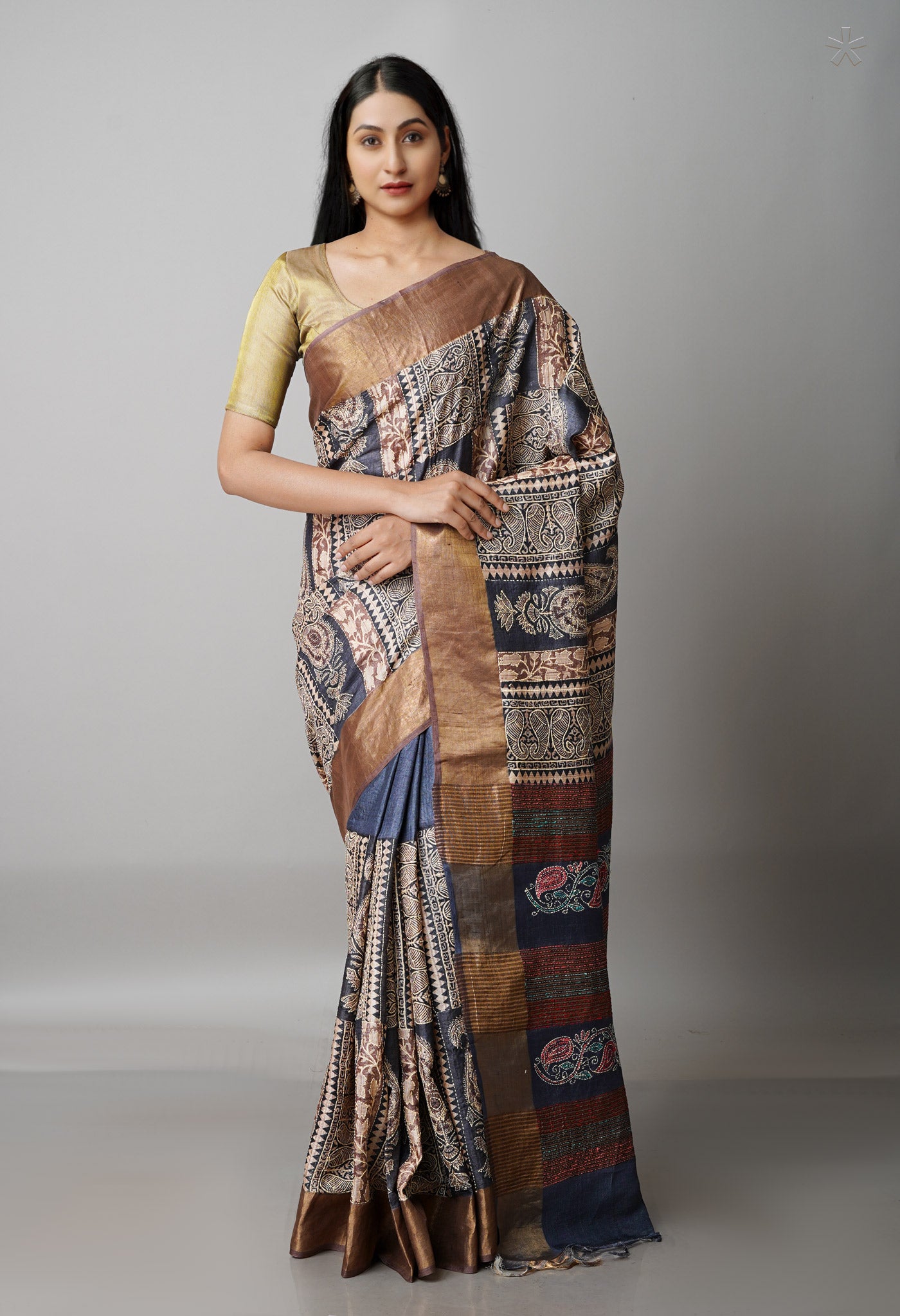 Blueish Grey Pure  Handloom Kantha Work Bengal Tussar Silk Saree-UNM68711