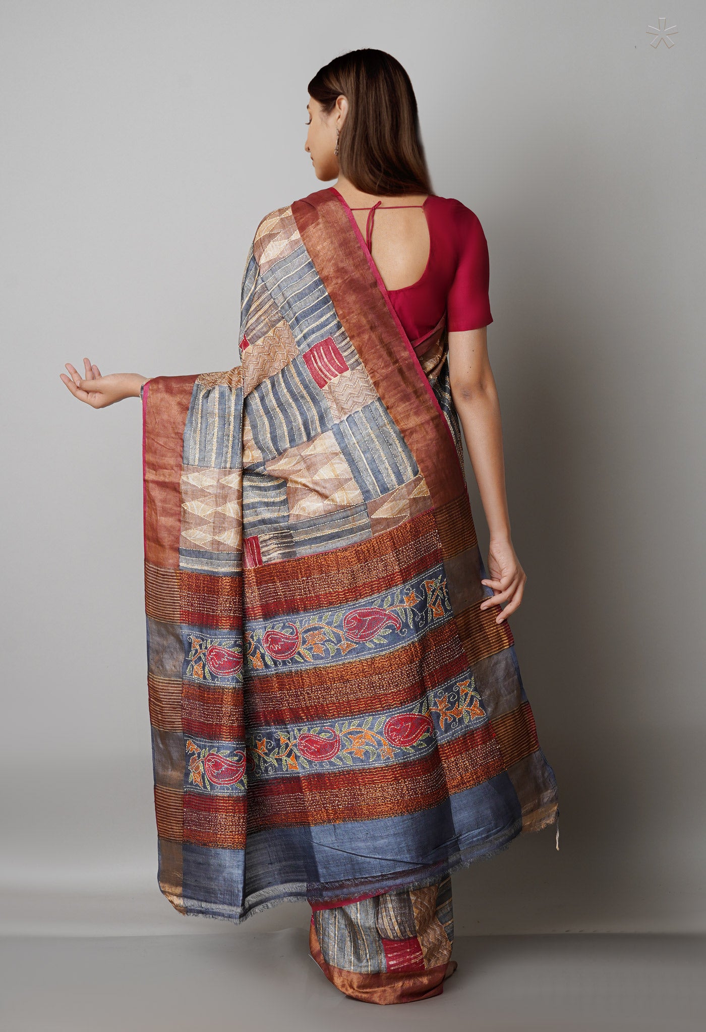 Multi Pure Handloom Kantha Work Bengal Tussar Silk Saree-UNM68715