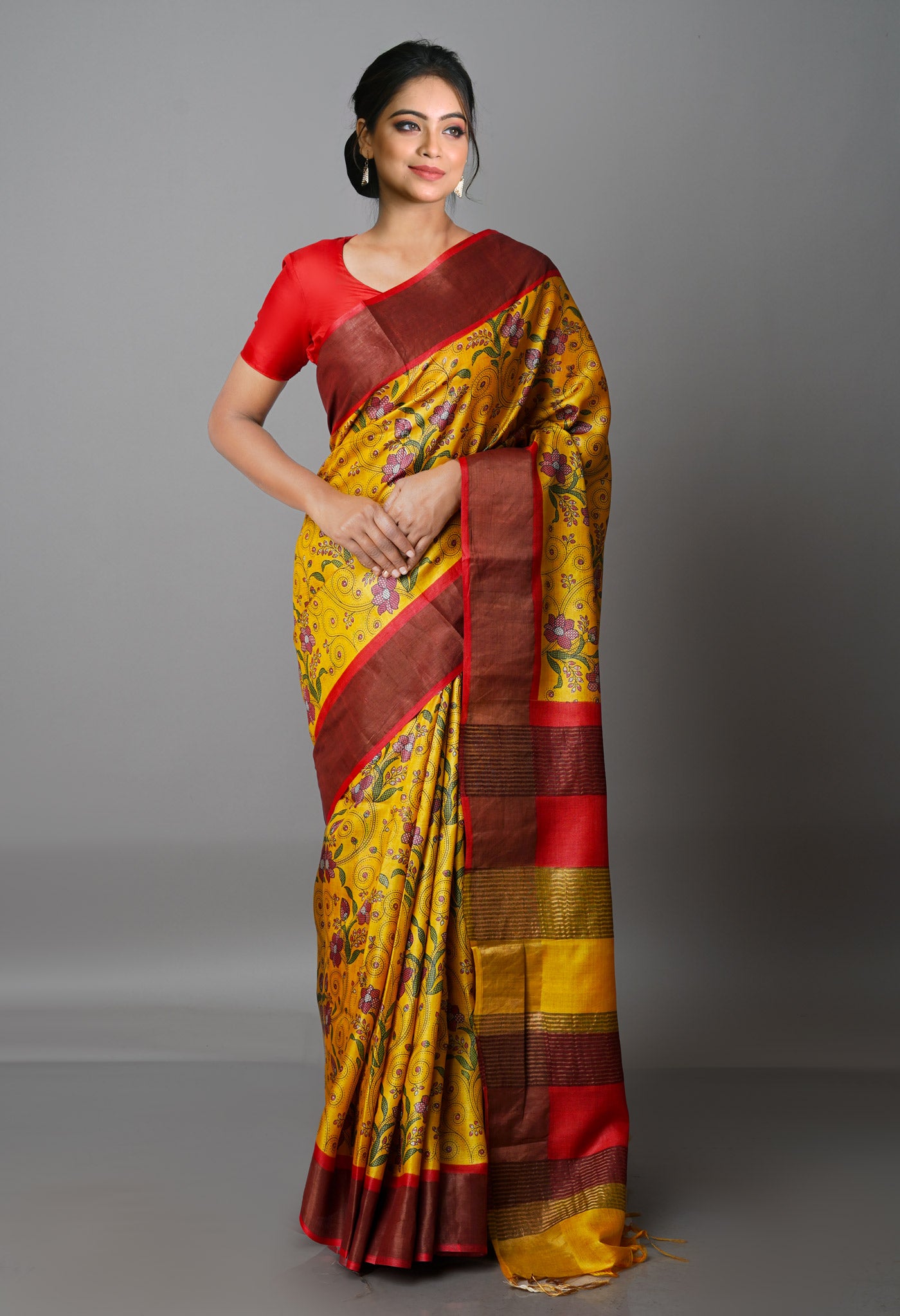 Yellow Pure Handloom Block Printed Bengal Tussar  Silk Saree-UNM68718