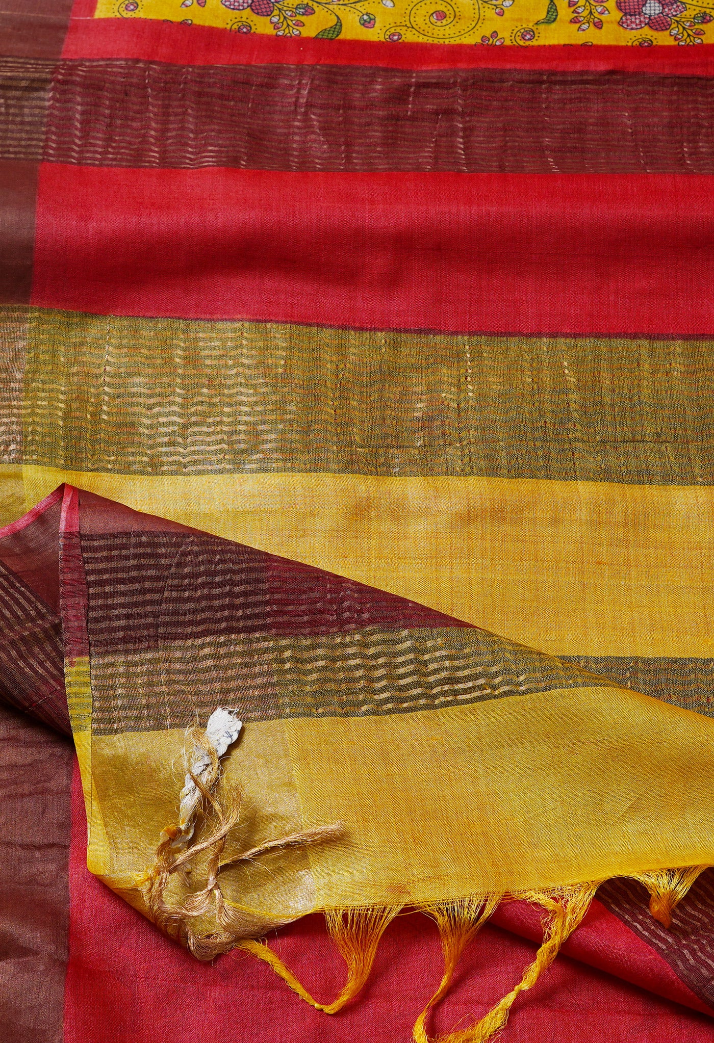 Yellow Pure Handloom Block Printed Bengal Tussar  Silk Saree-UNM68718