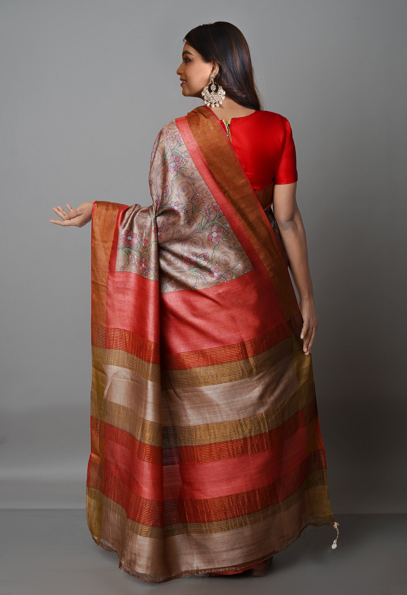 Brown Pure Handloom Block Printed Bengal Tussar  Silk Saree-UNM68720