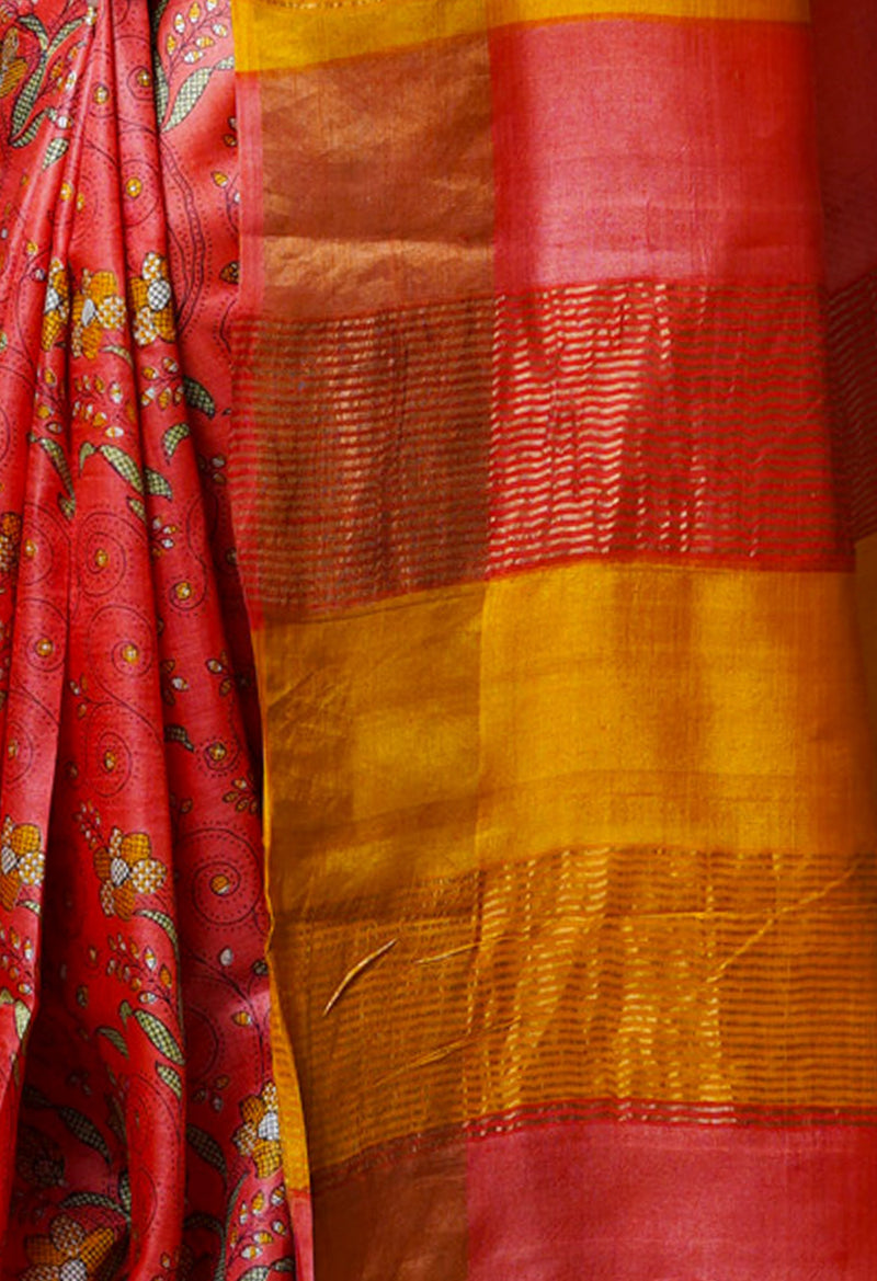 Peach Red Pure Handloom Block Printed Bengal Tussar  Silk Saree-UNM68721