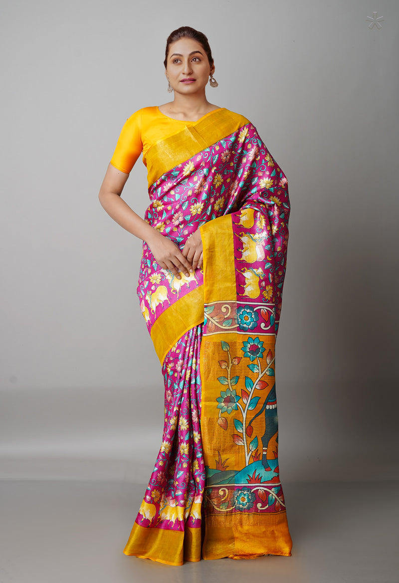 Pink Pure Handloom Block Printed Bengal Tussar  Silk Saree-UNM68723