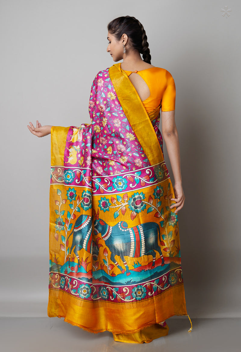 Pink Pure Handloom Block Printed Bengal Tussar  Silk Saree-UNM68723