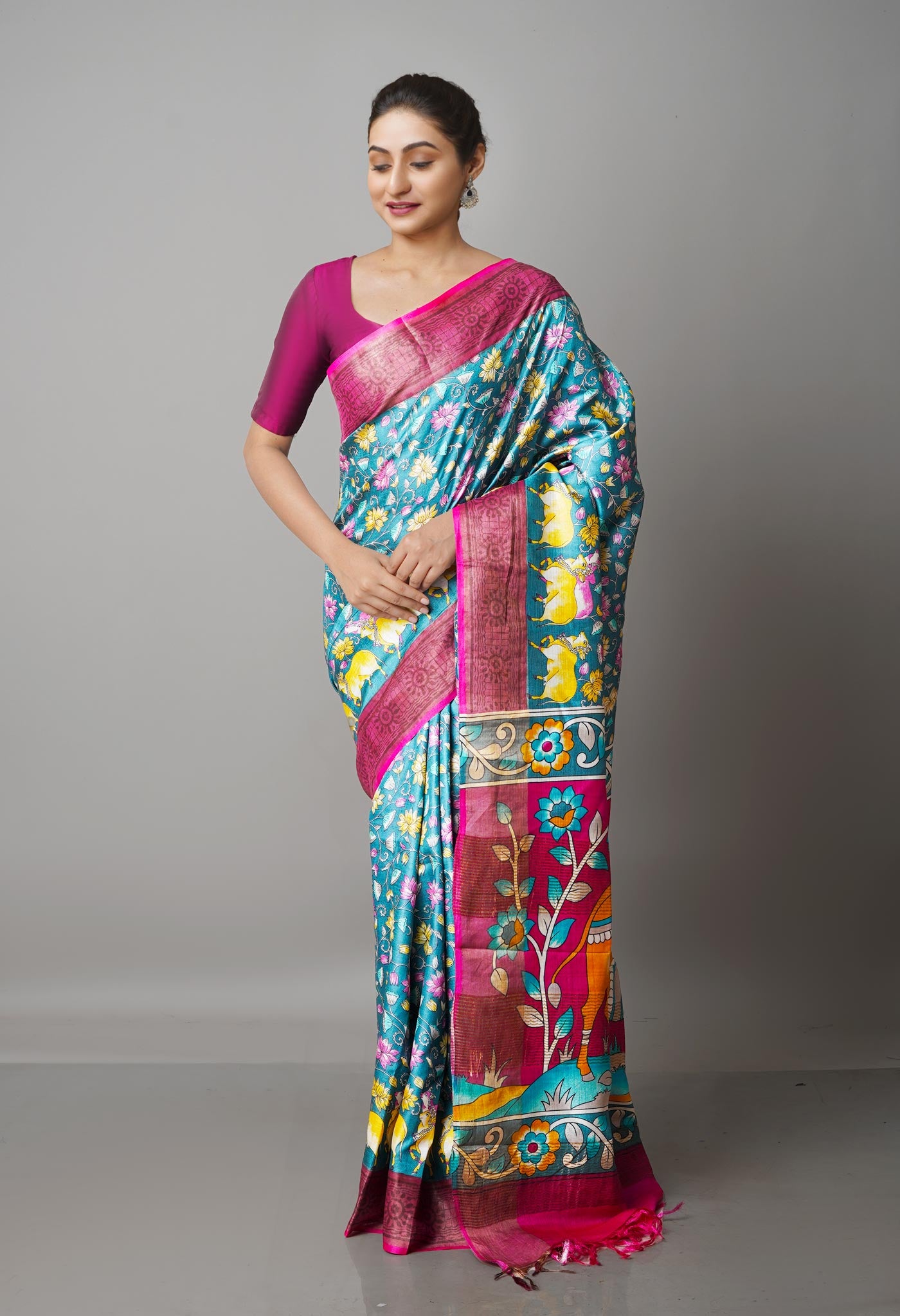 Green Pure Handloom Block Printed Bengal Tussar  Silk Saree-UNM68725