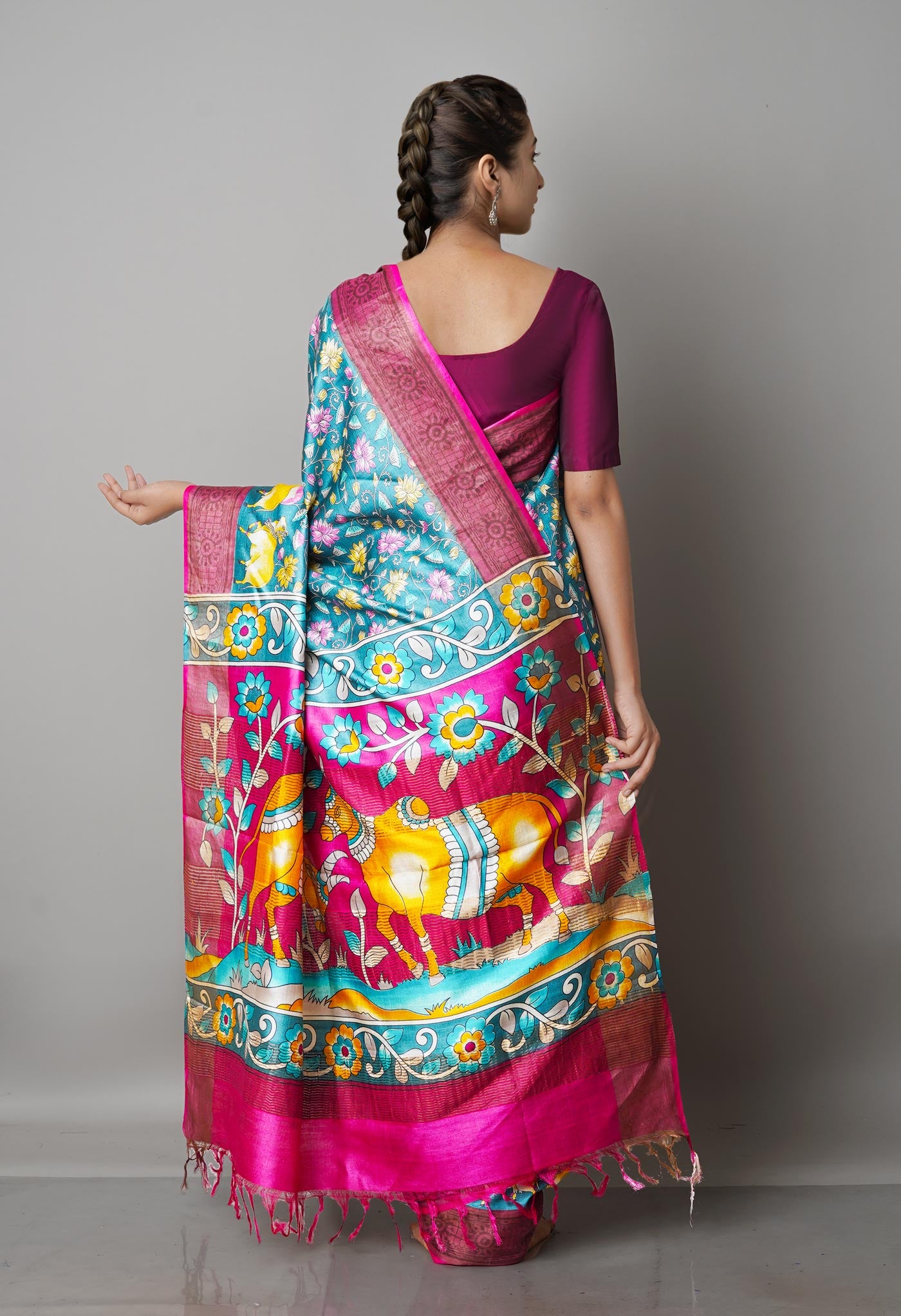 Green Pure Handloom Block Printed Bengal Tussar  Silk Saree-UNM68725