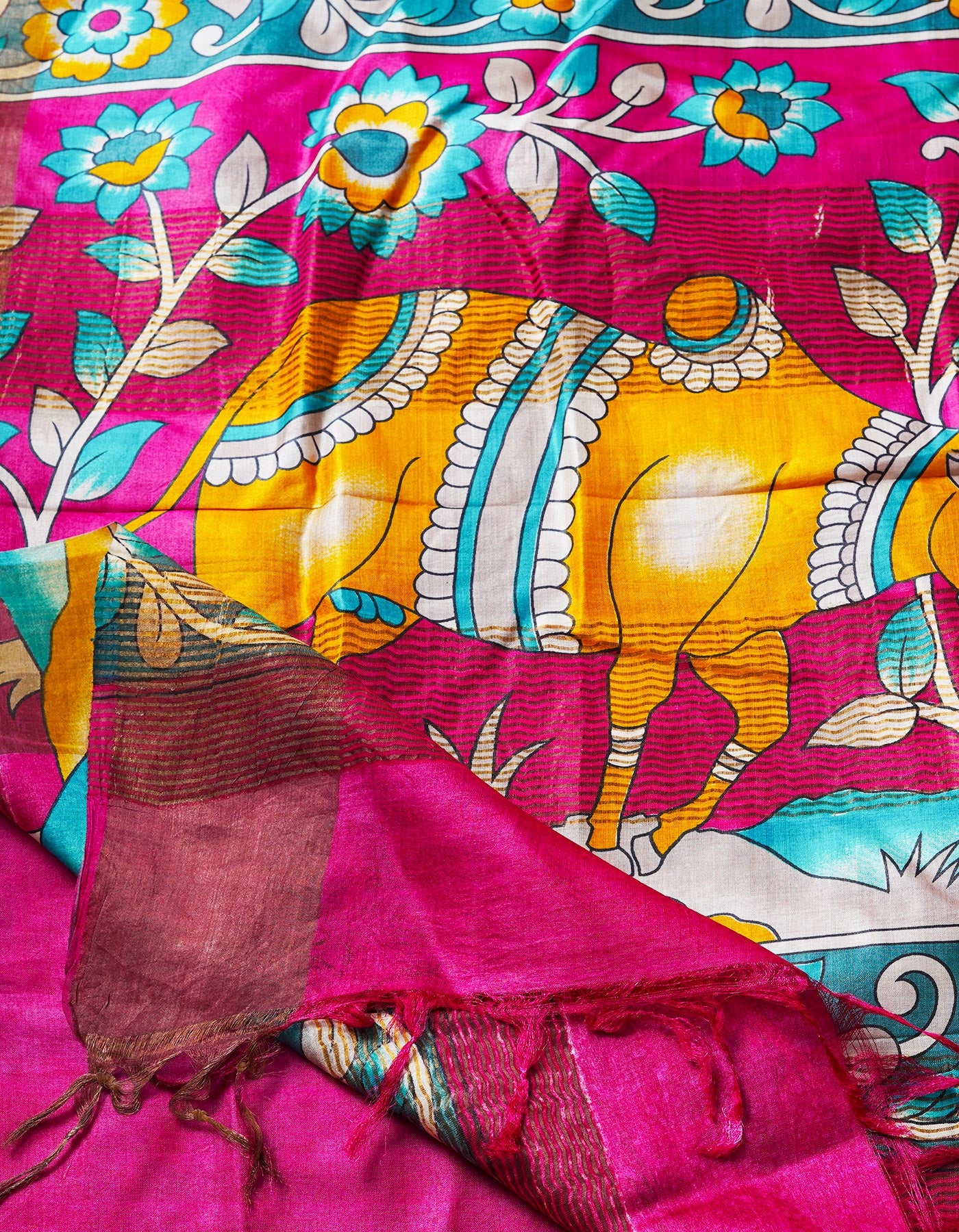 Green Pure Handloom Block Printed Bengal Tussar  Silk Saree-UNM68725