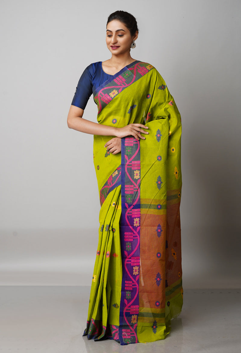 Mehndi Green Pure Handloom Handloom Dhaka Jamdhani Bengal Cotton Saree-UNM68738