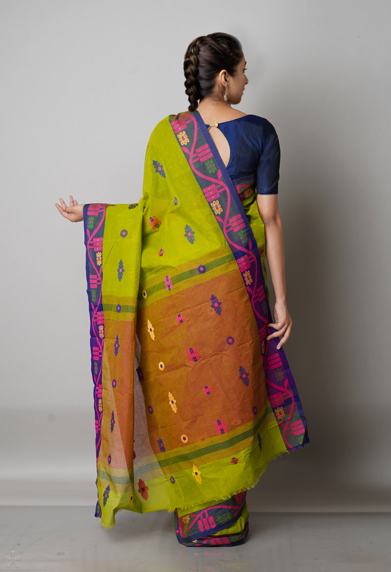 Mehndi Green Pure Handloom Handloom Dhaka Jamdhani Bengal Cotton Saree-UNM68738