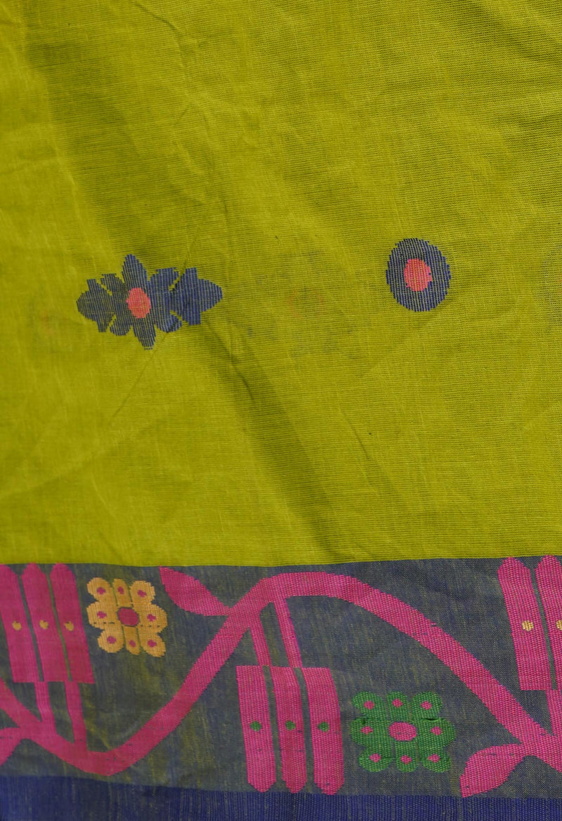 Mehndi Green Pure Handloom Handloom Dhaka Jamdhani Bengal Cotton Saree-UNM68738