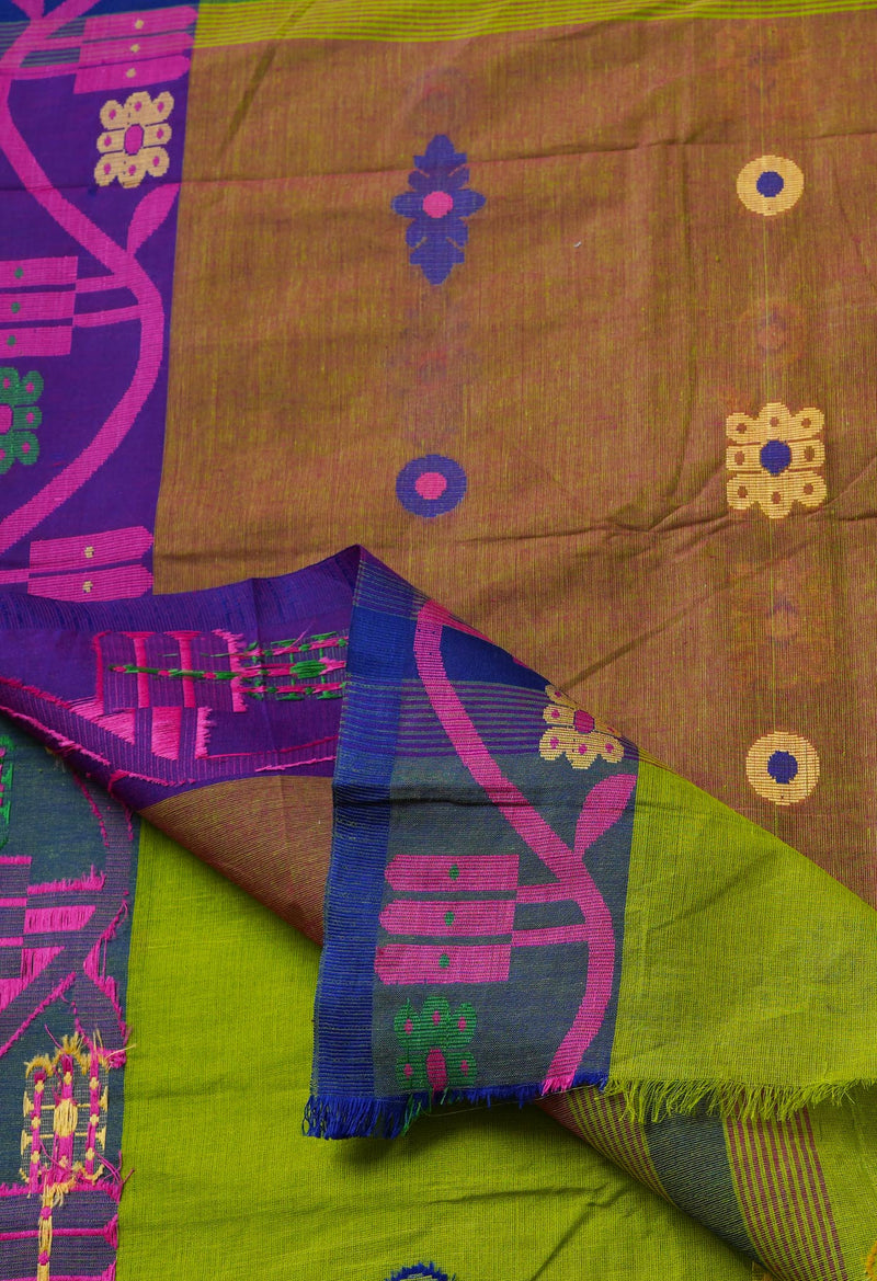 Mehndi Green Pure Handloom Handloom Dhaka Jamdhani Bengal Cotton Saree-UNM68738