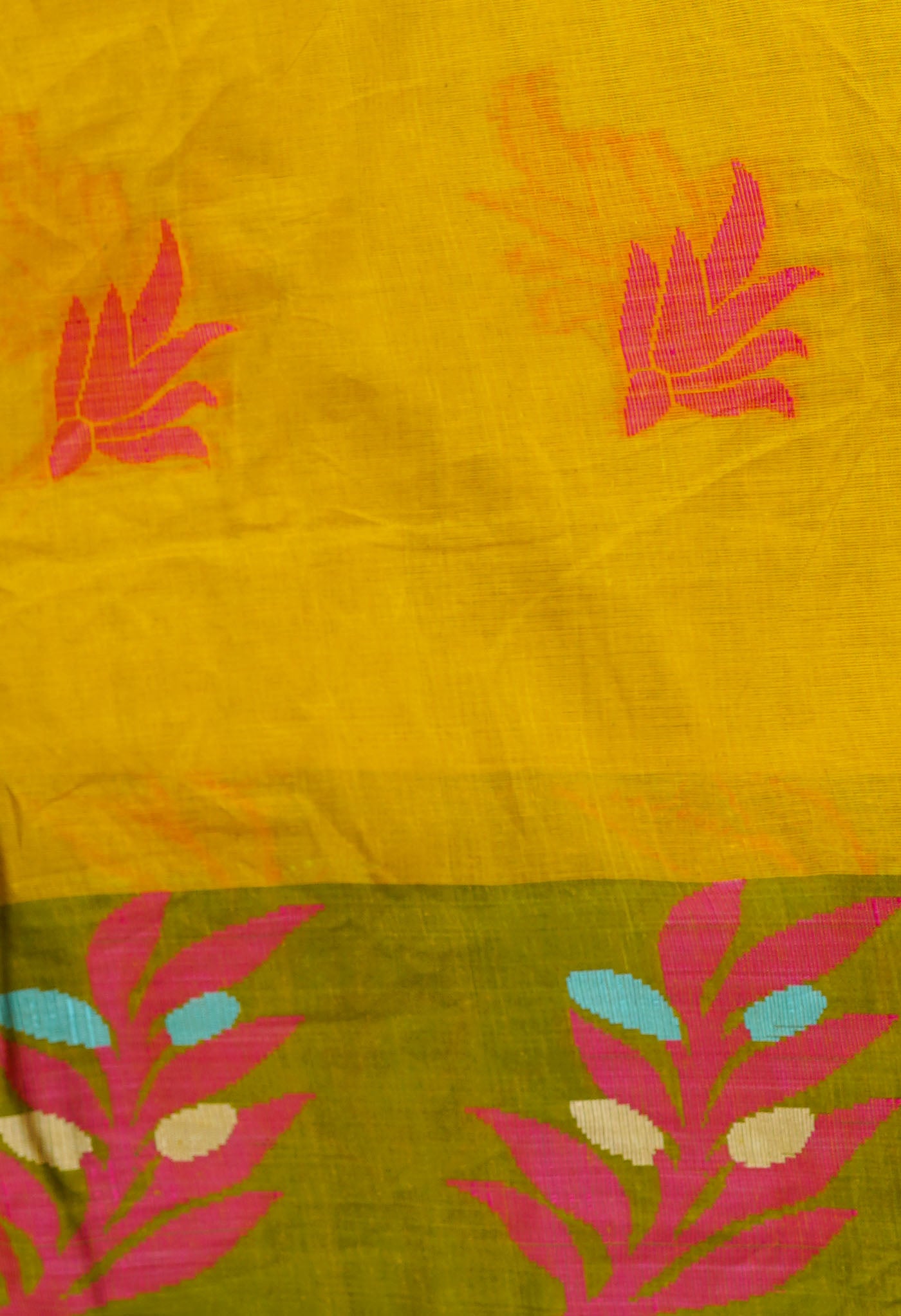 Yellow Pure Handloom Dhaka Jamdhani Bengal Cotton Saree-UNM68744