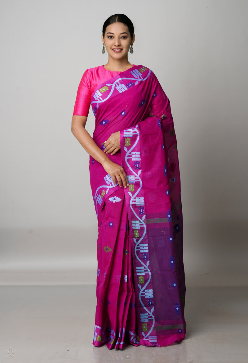 Purple Pure Handloom Dhaka Jamdhani Bengal Cotton Saree-UNM68747