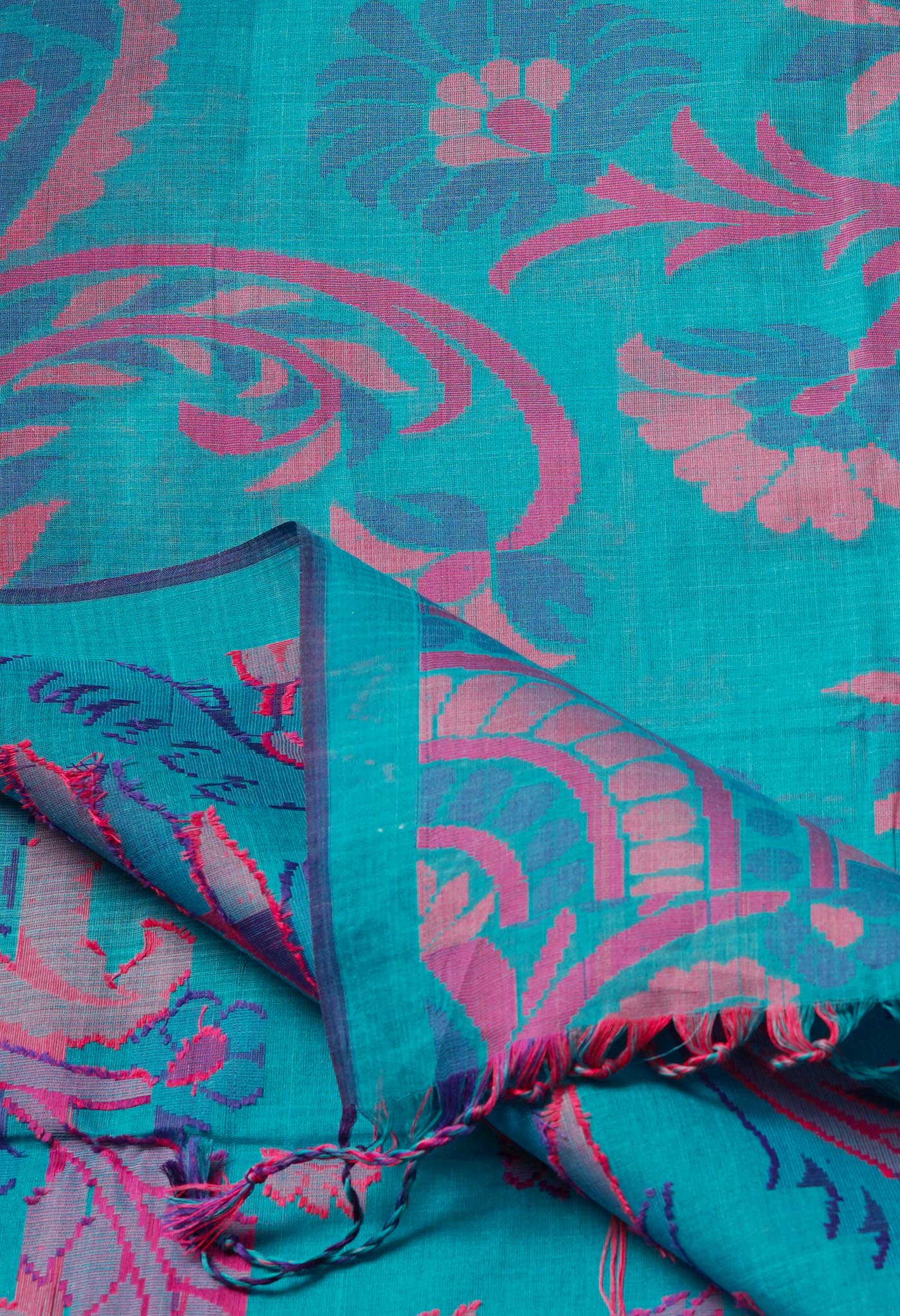 Peacock Blue Pure Handloom Dhaka Jamdhani Bengal Cotton Saree-UNM68764