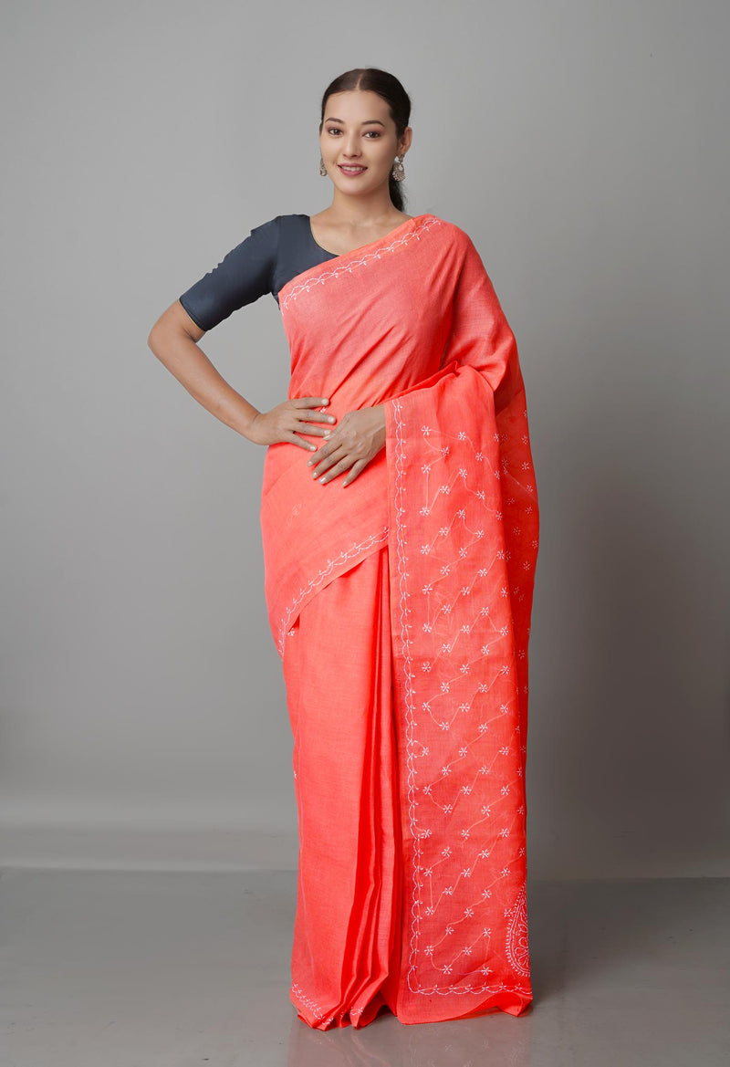 Peach Red  Lucknow Chikankari Work Cotton Saree-UNM68755