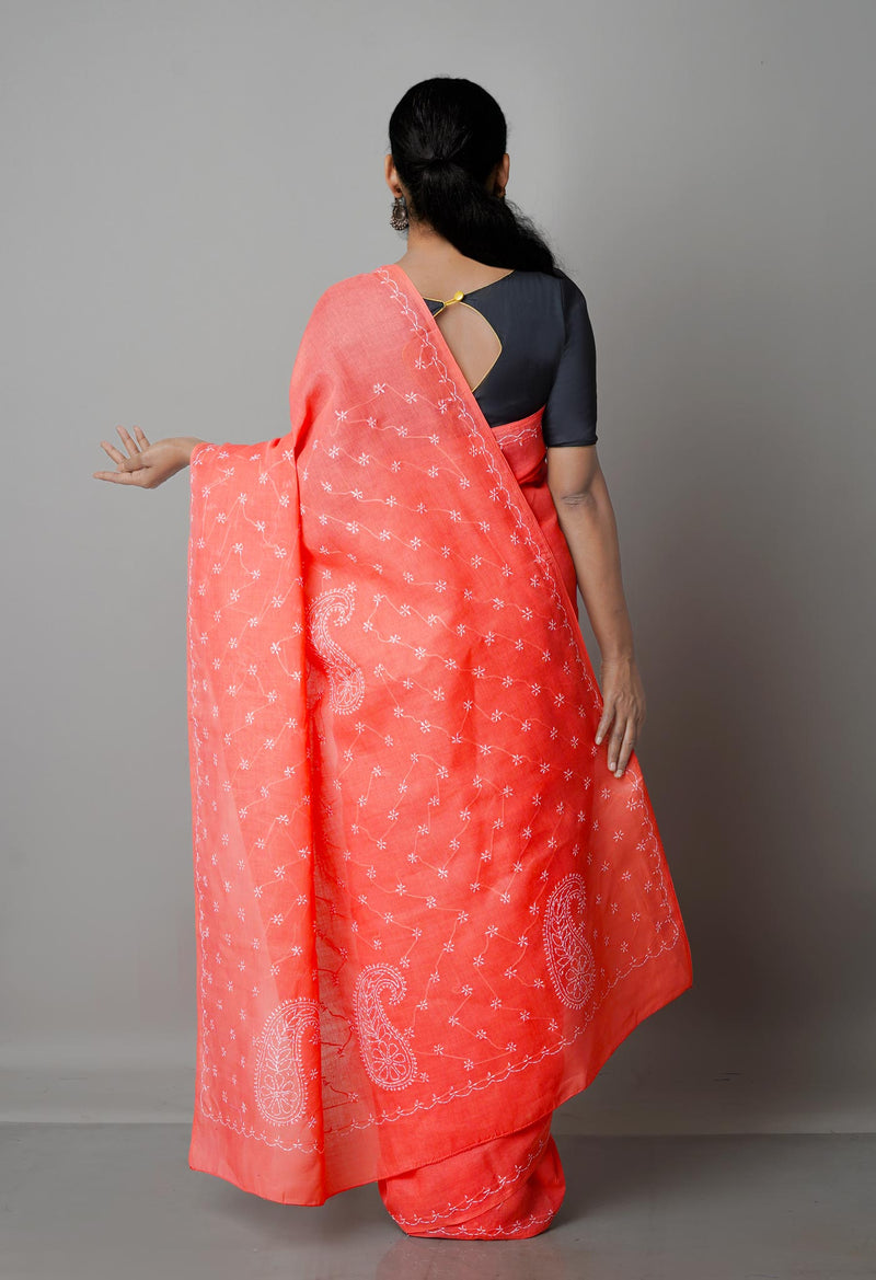 Peach Red  Lucknow Chikankari Work Cotton Saree-UNM68755